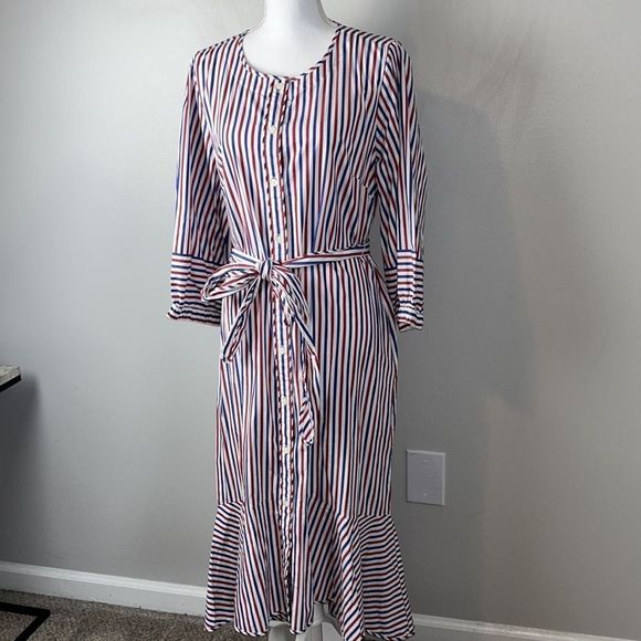 J.CREW Striped Americana Striped Tie Waist Poplin Shirt Dress, NWOT, Size 12 - Picture 3 of 10